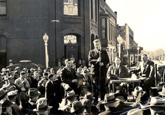 Giving a speech, Sibley, Iowa, 1940s