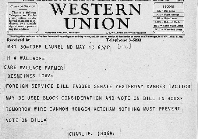 Telegram regarding foreign service bill, 1930
