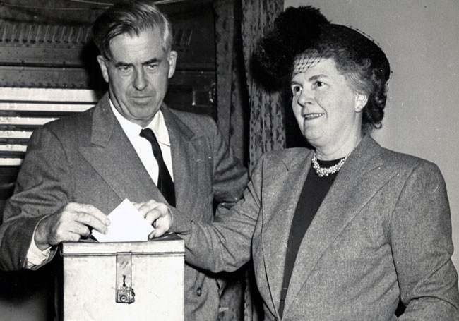 Voting with wife Ilo, New York, 1948