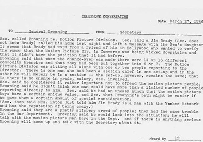 Telephone conversation summary regarding motion picture industry, 1946